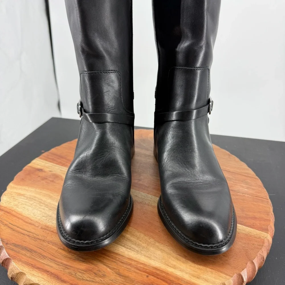 Franco Sarto Hadley Black Leather Tall Riding Boots Equestrian Flat Buckle 6‎